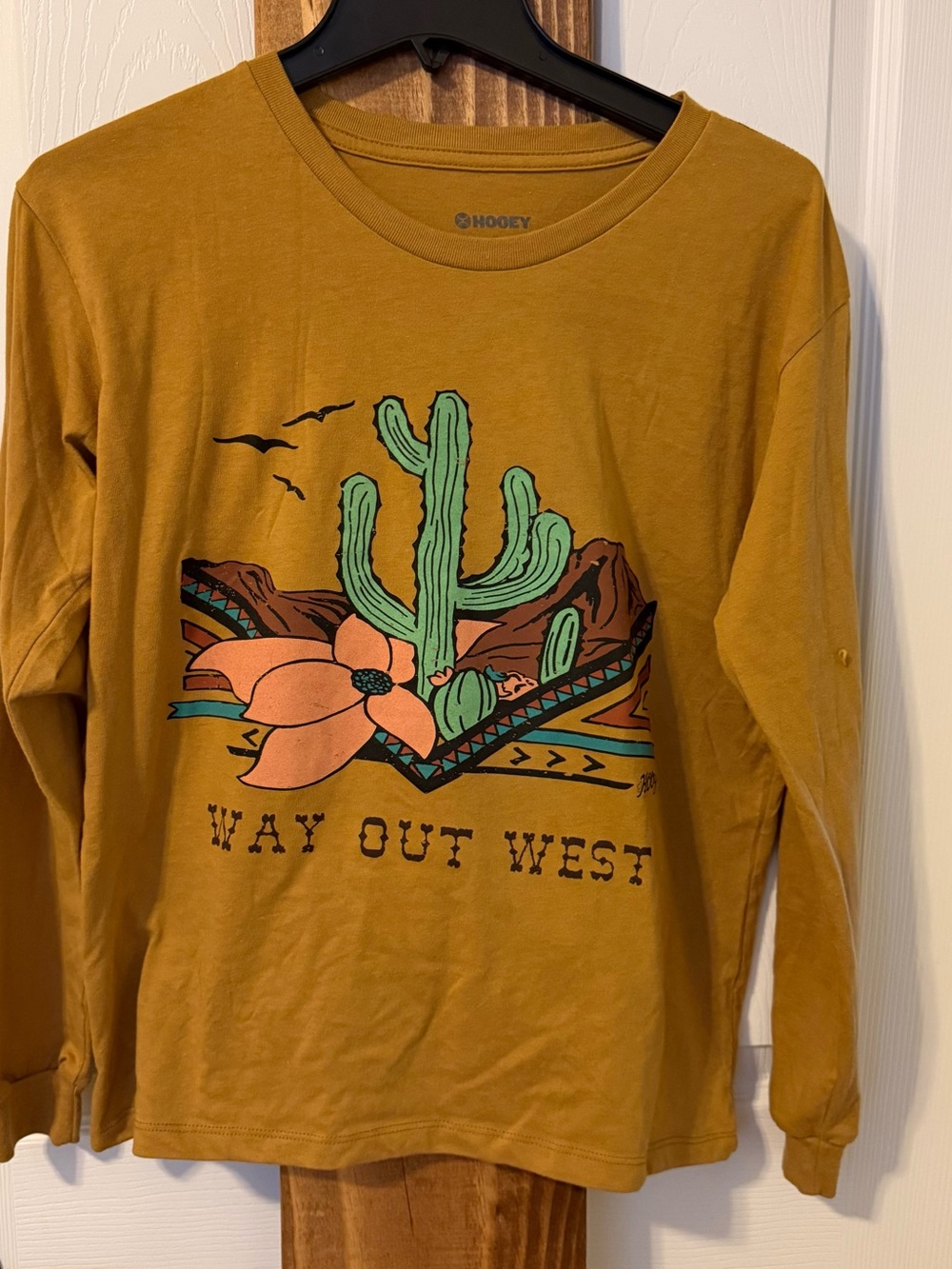 Hooey Mustard Yellow Long Sleeve Graphic Tee with Green Cactus & Peach Flower